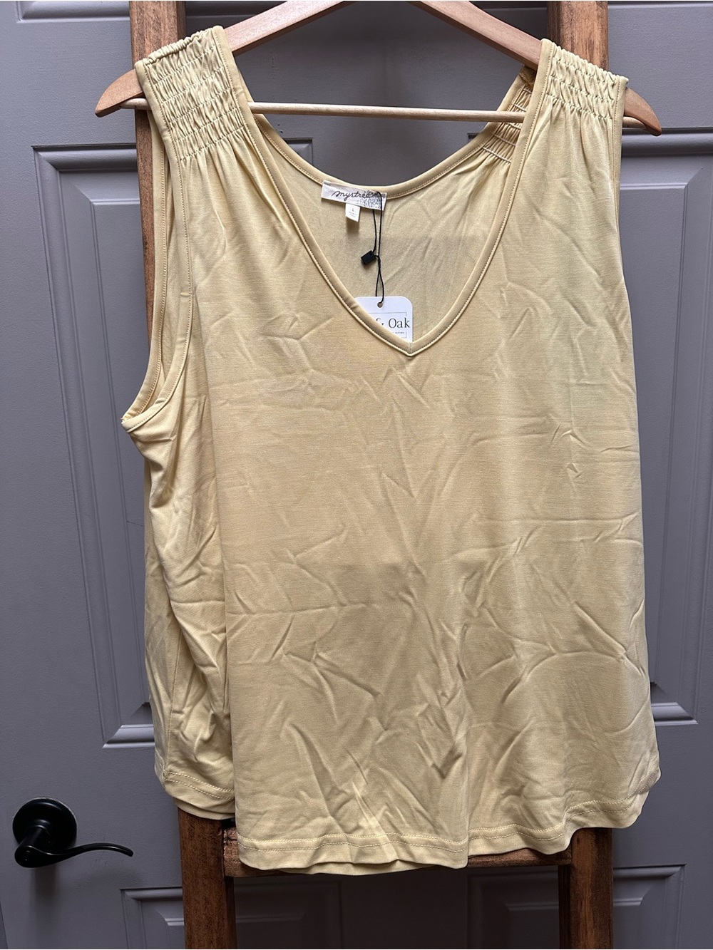 Mystree Smocked Shoulder V-Neck Tank in Soft Yellow